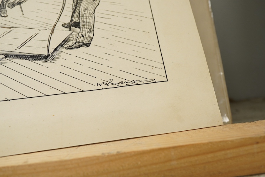 Five late 19th / early 20th century pen, ink and pencil sketches, to include, William Parkinson, figures on a boat deck and two examples by Percy Hutton Fearon (AKA. Poy, 1874-1948), cartoons to include 'The Bridge Build